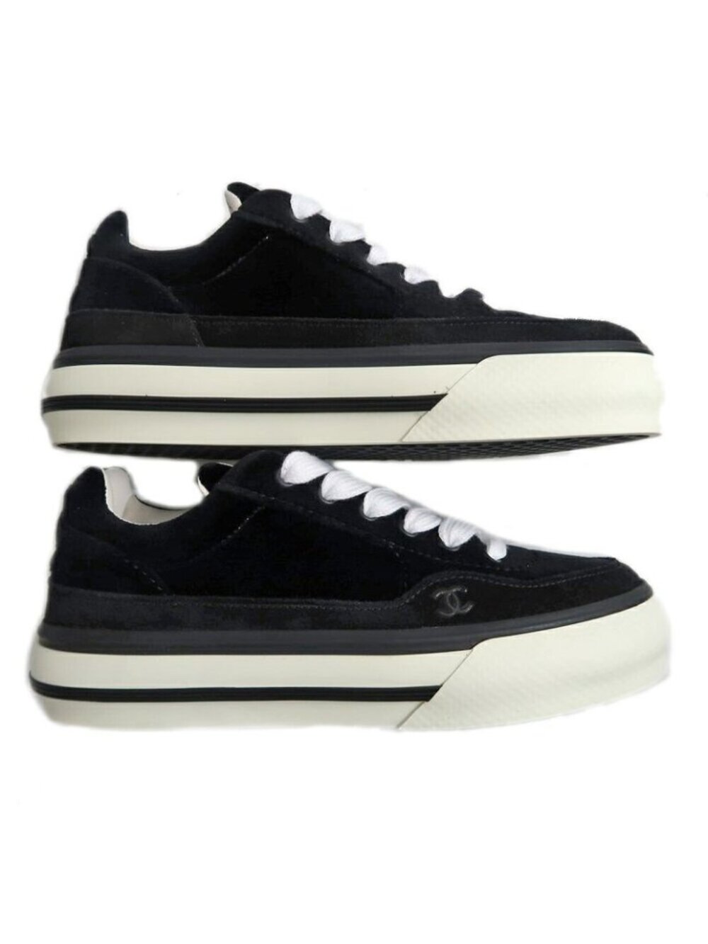 Chanel Suede Sneakers 38 Black Off White - Picture 5 of 10